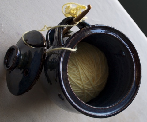 ITEM 002 - Handcrafted Knitting and Crochet Work Urn (Inside View) (for holding needles and yarn)